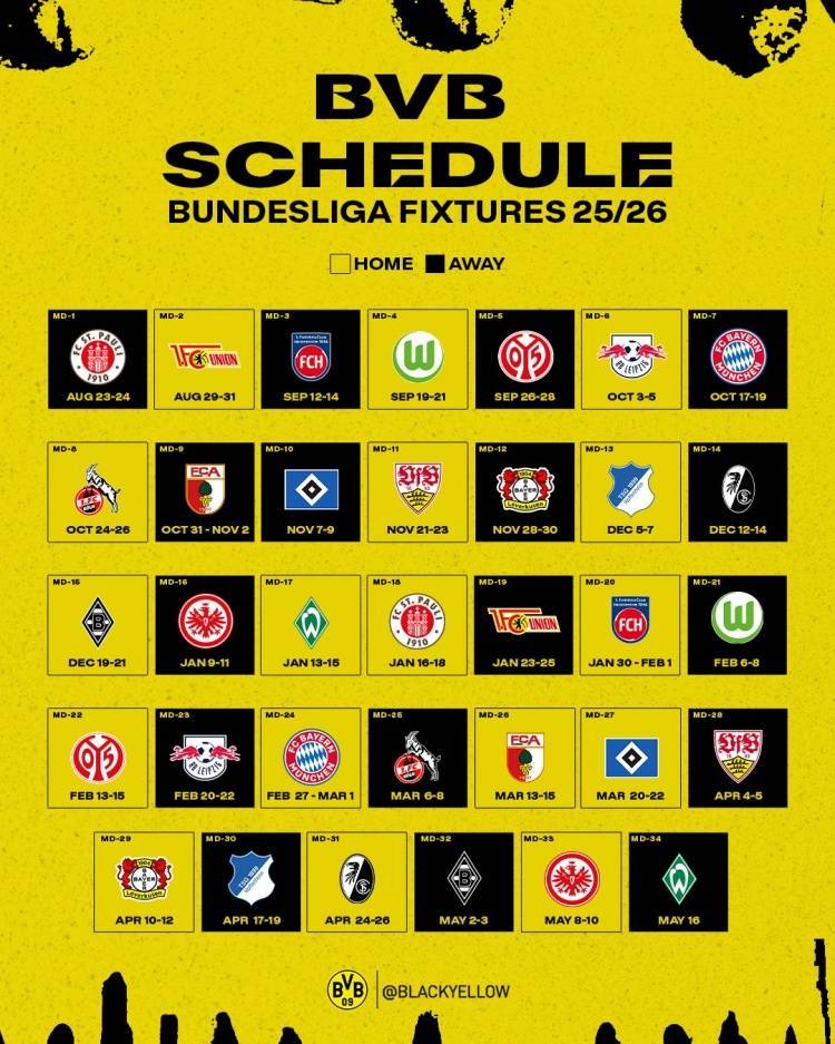 虎扑NBA-多特新赛季德甲赛程：首轮客战圣保利，10月中旬对阵拜仁